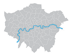 London map of boroughs, grey with blue Thames